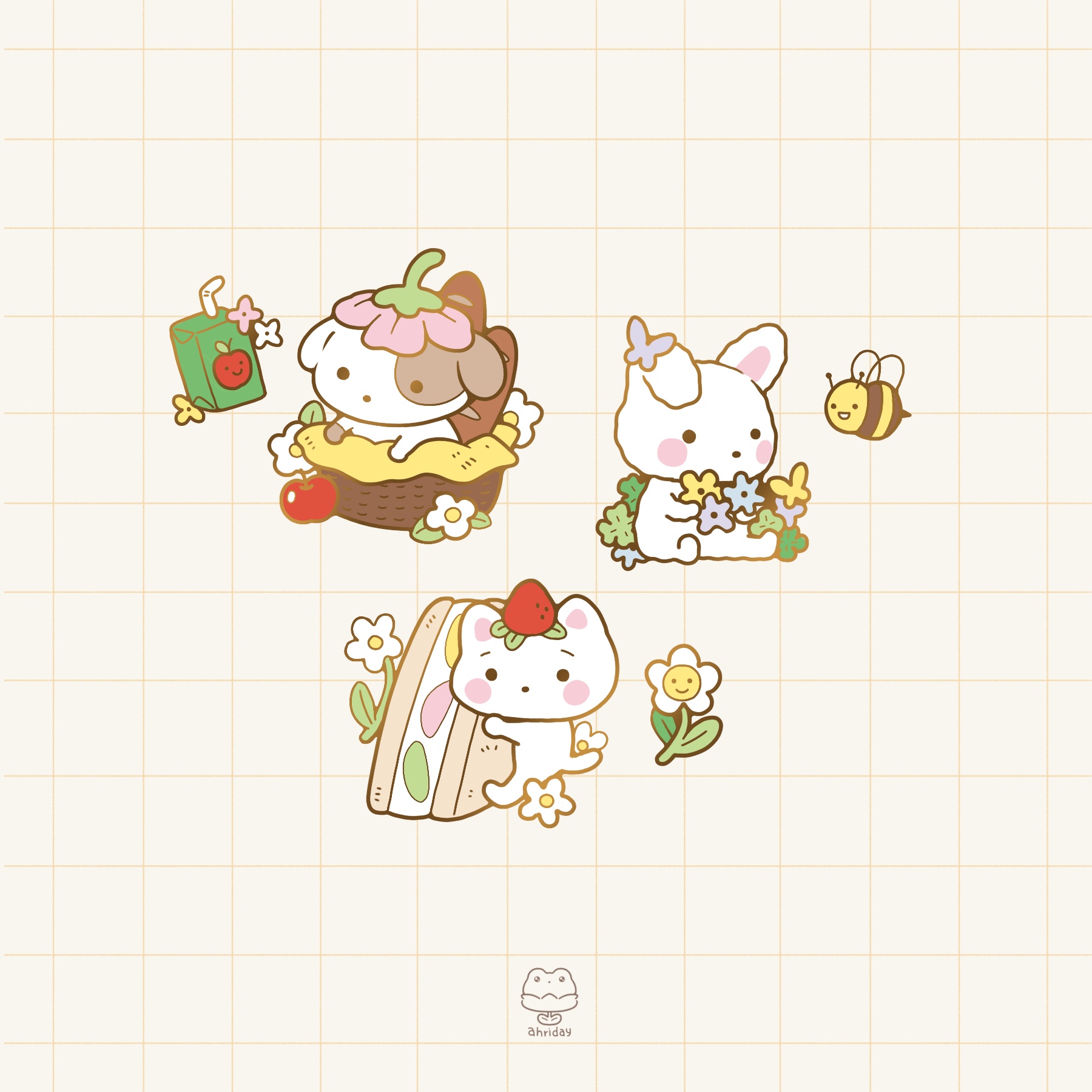 Three small pastel animal characters with flowers and fruit