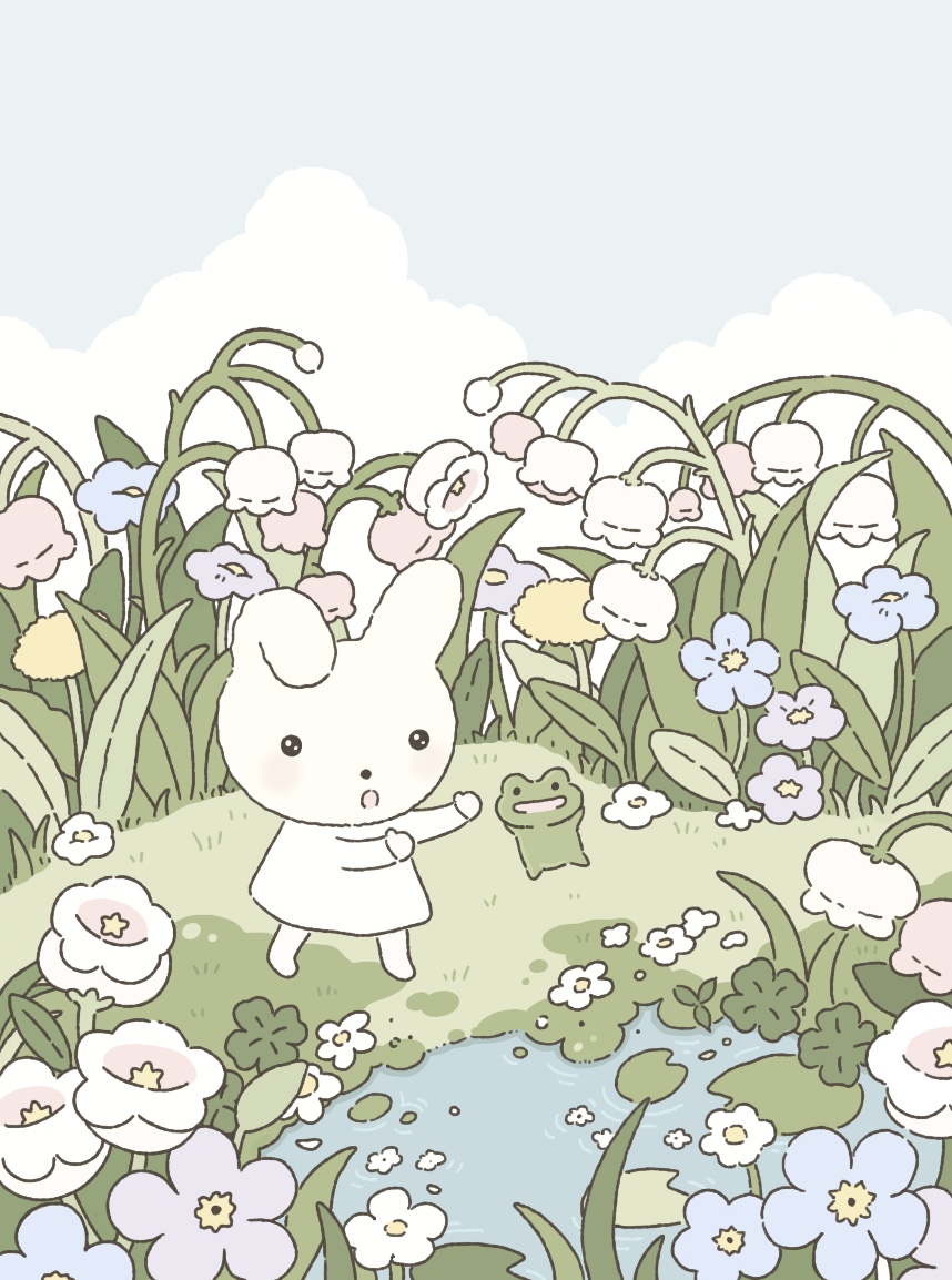 A white rabbit and a tiny frog in a field of flowers