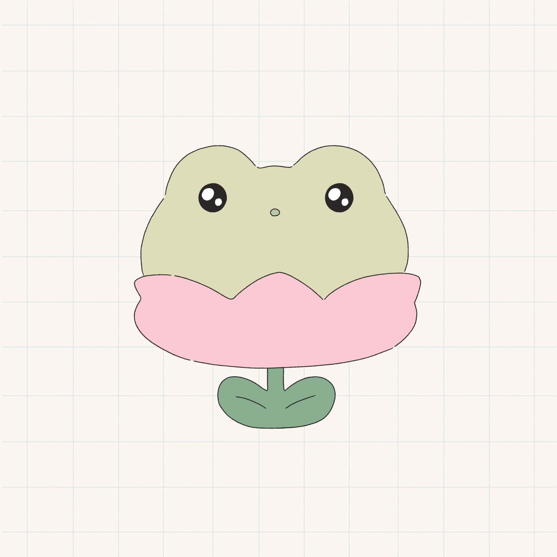 A round green frog character nestled in a pink flower