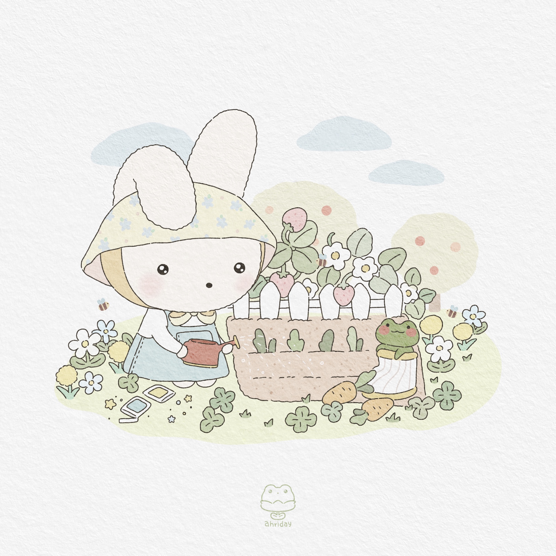 A rabbit and a frog tending a miniature garden