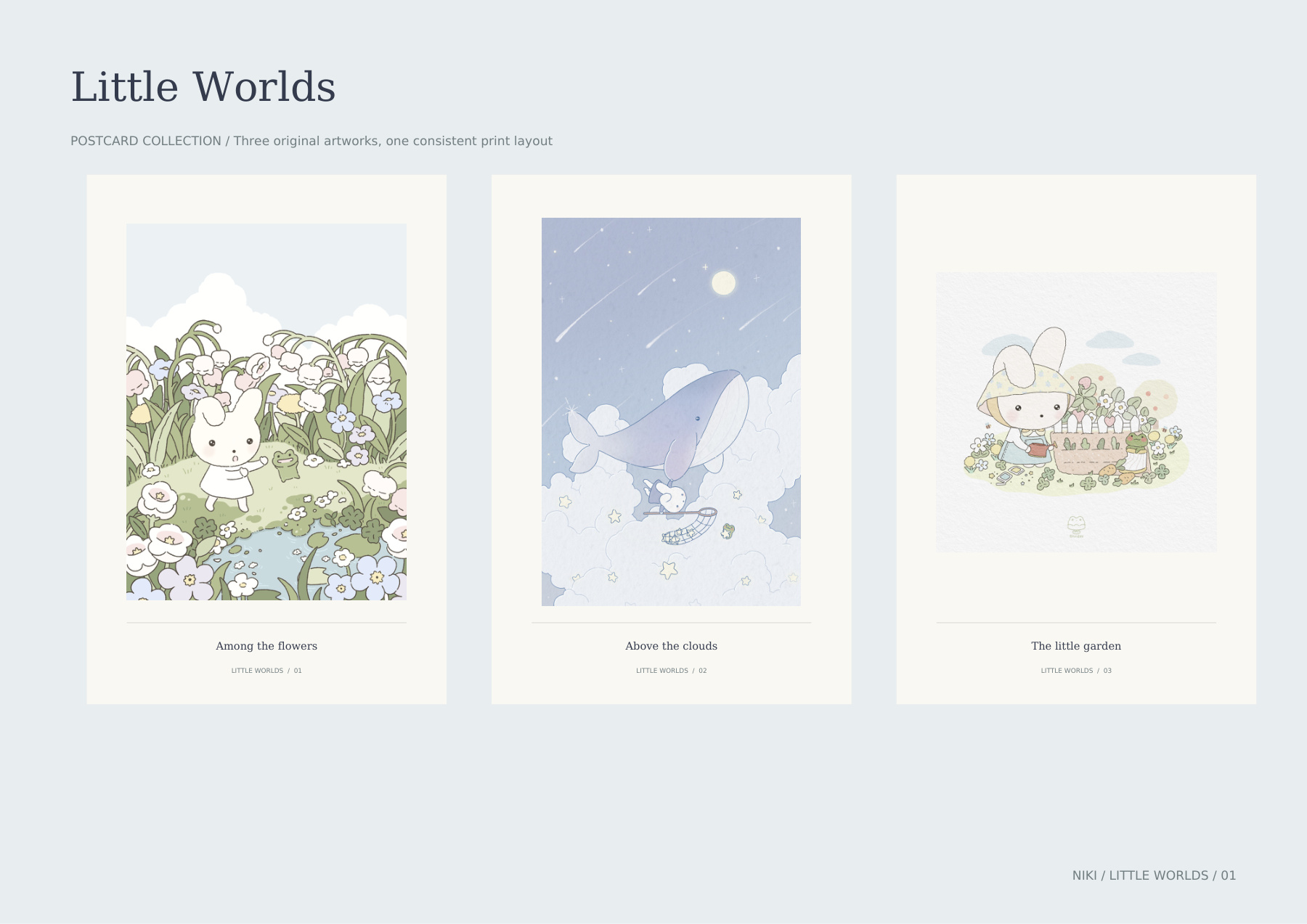 Little Worlds collection showing three illustrated postcard fronts