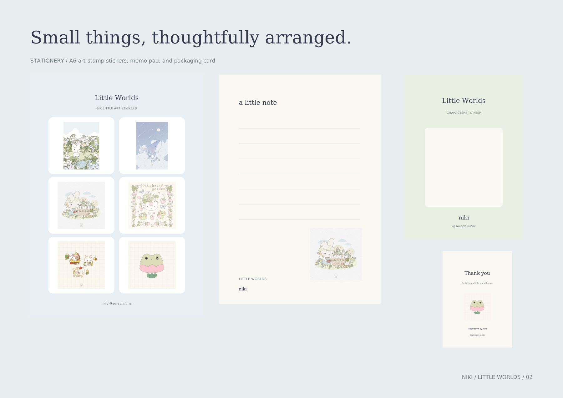 Coordinated sticker sheet, memo pad, and front and back packaging card layouts