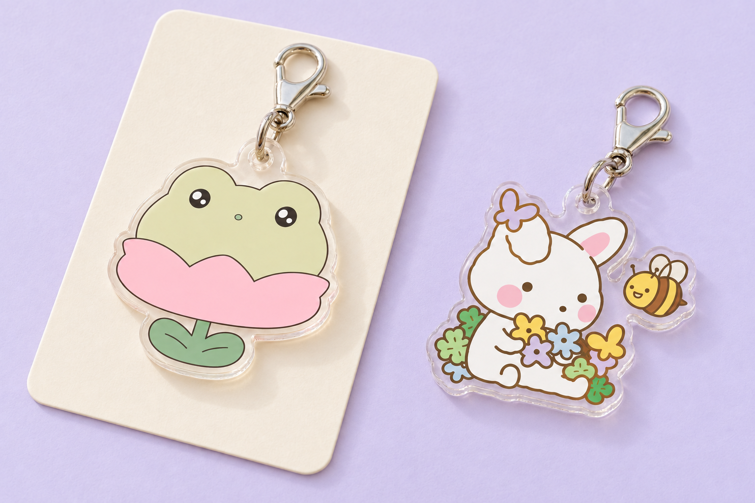 Concept product mockup of frog-flower and rabbit acrylic keychains