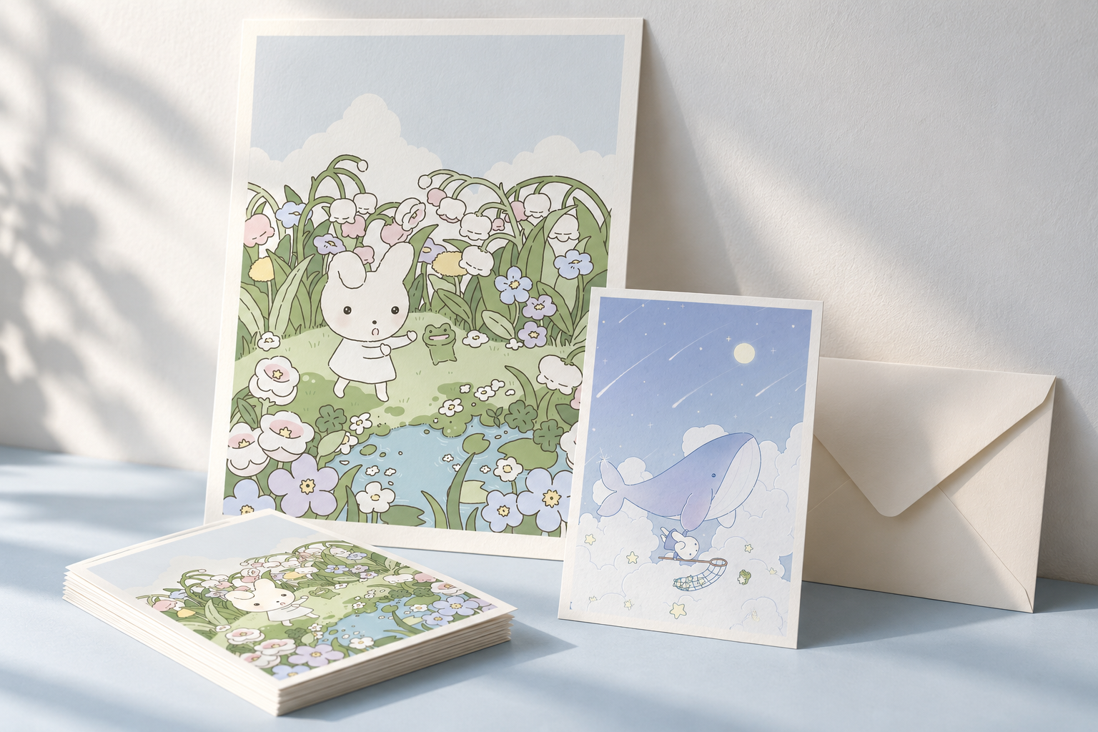 Concept product mockup of rabbit garden art prints and whale postcards on textured paper
