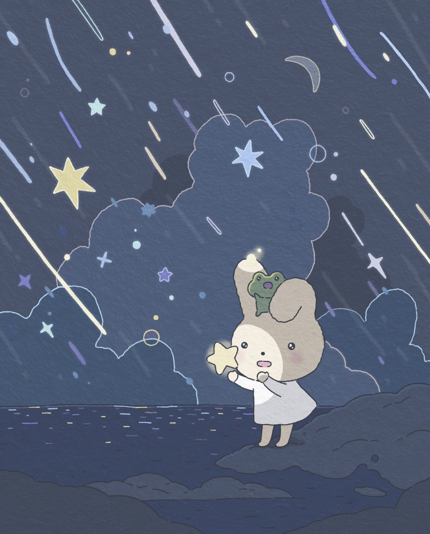 A small rabbit under a navy sky with falling stars