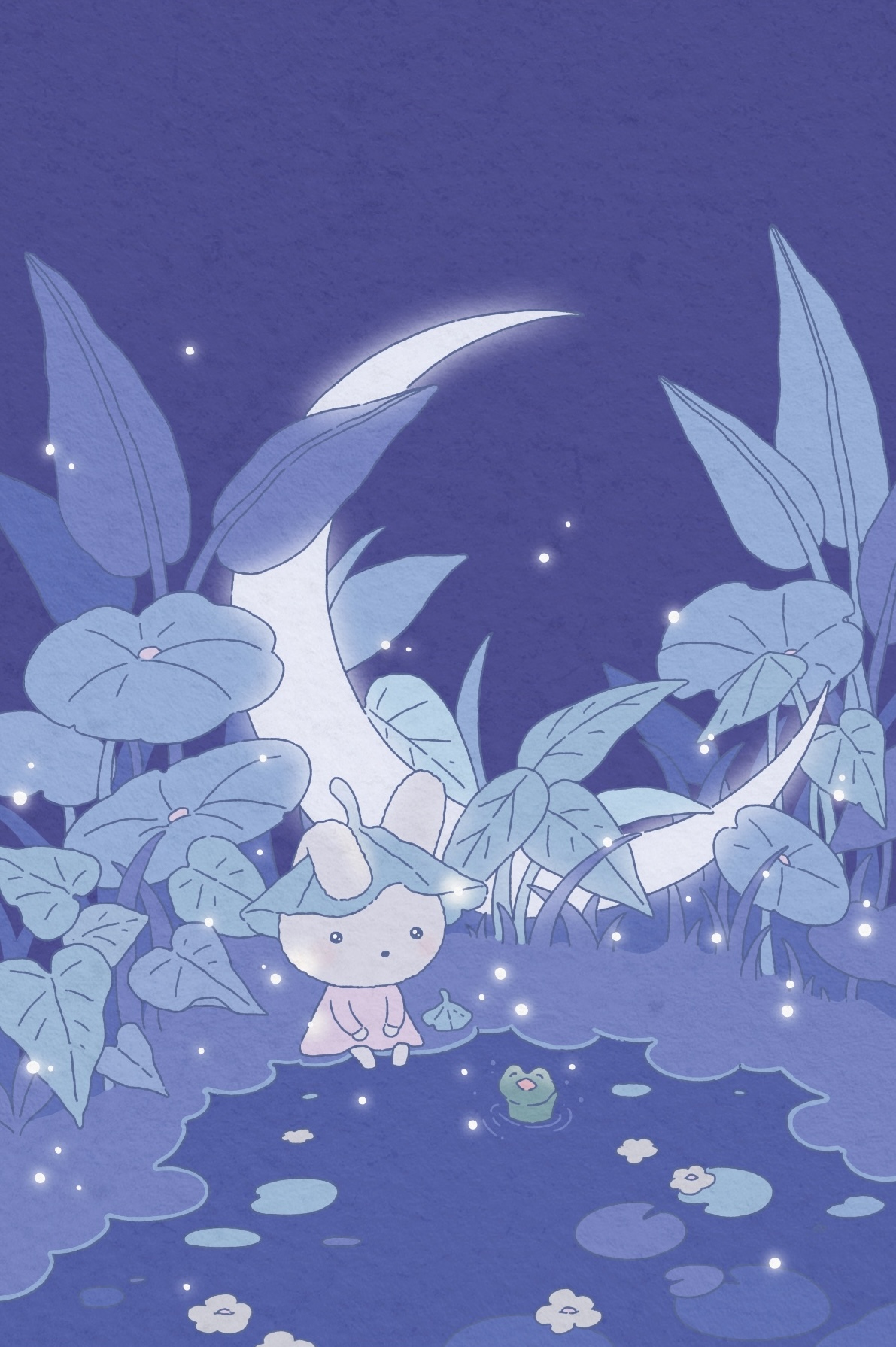 A little rabbit by a glowing pond in a blue night garden