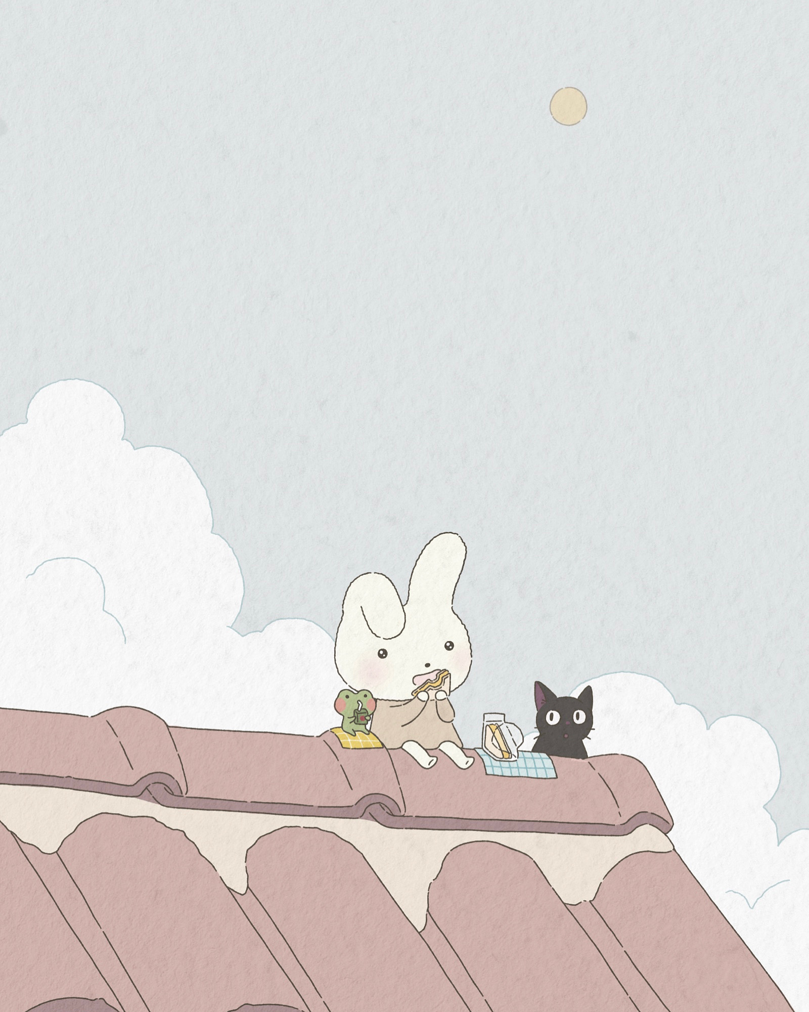A rabbit and a black cat sitting together on a quiet rooftop
