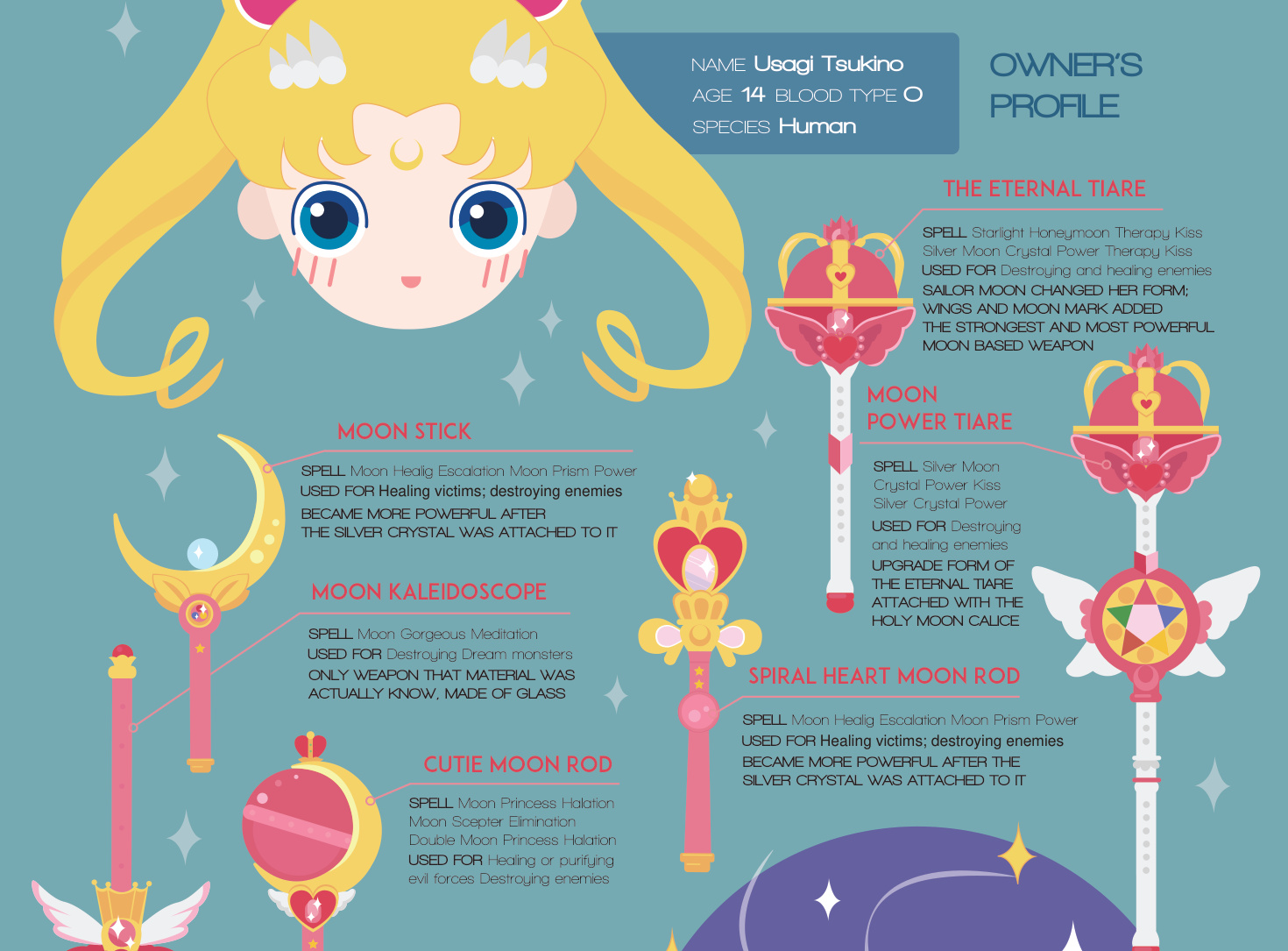 Close view of Sailor Moon vector portrait and illustrated magical objects