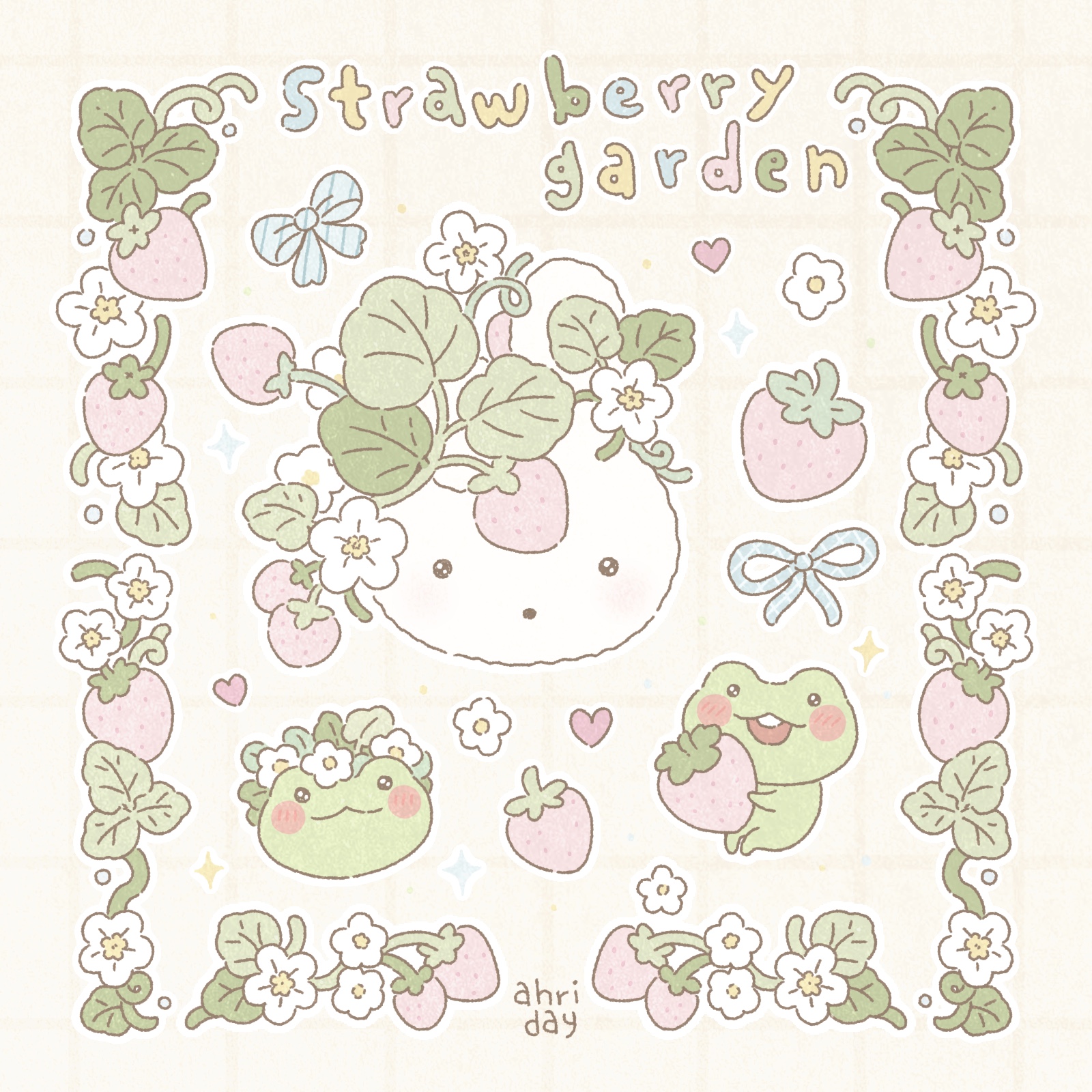 Strawberry Garden character collection with strawberries, frogs, and leaves