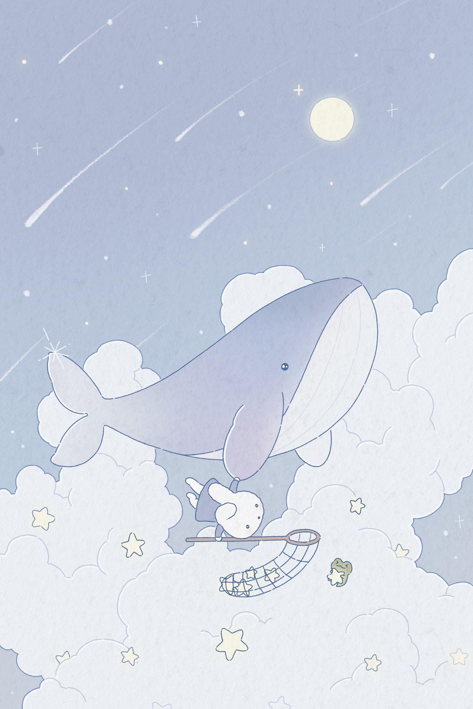 A little rabbit riding a lavender whale through the clouds